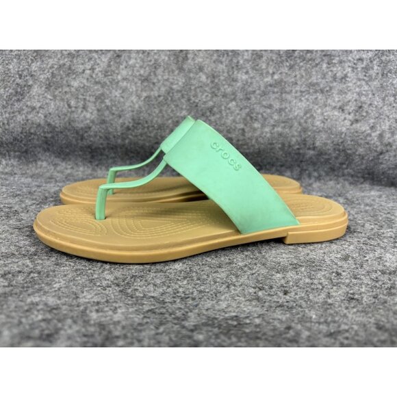 Crocs Sandals Womens Size 7 Mint Green Tan Flip Flop Thong Comfort Slip On Beach - Picture 1 of 7